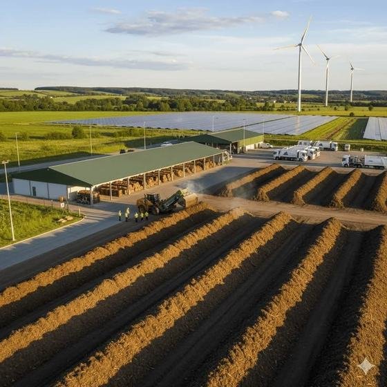 Rows of compost windrows beside a farm with wind turbines