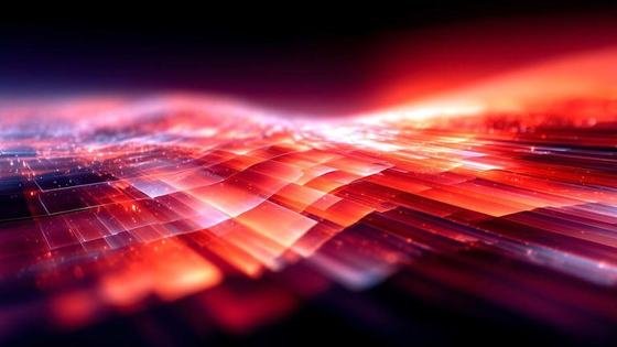 A field of red translucent tiles receding into light