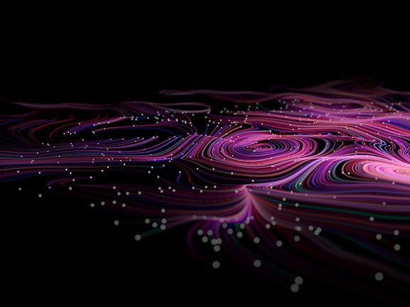 Streams of data converging into a single flowing layer
