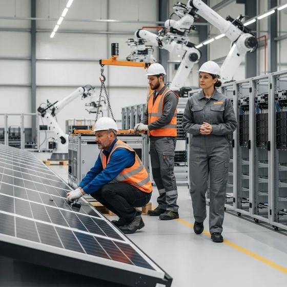 Technicians inspecting solar panels beside robotic assembly arms