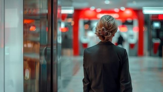 A woman in a dark jacket at a secure terminal lit in red