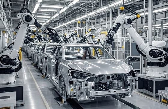 Robotic arms assembling car bodies on an automotive production line