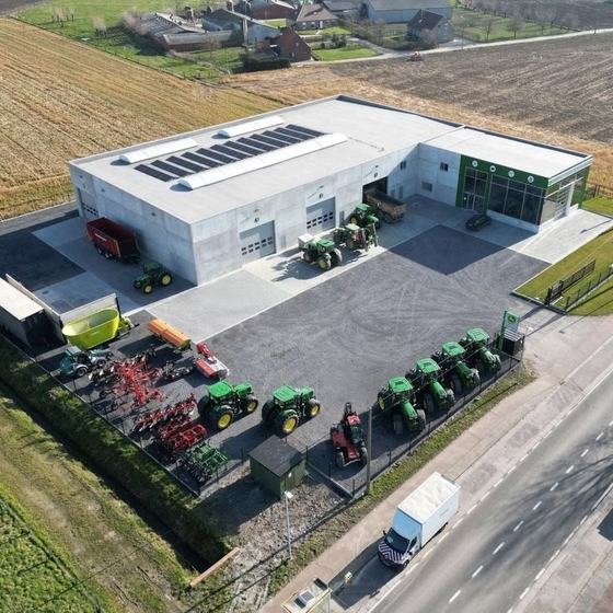 Aerial view of an agricultural machinery dealership with tractors