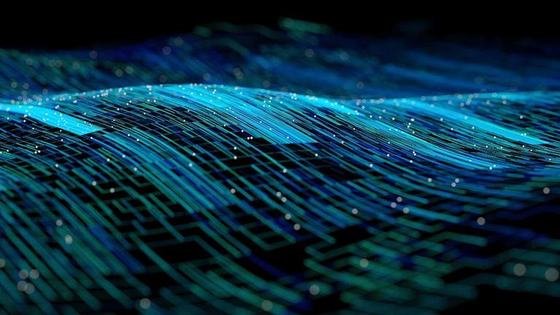 A wave of blue data lines with points of light