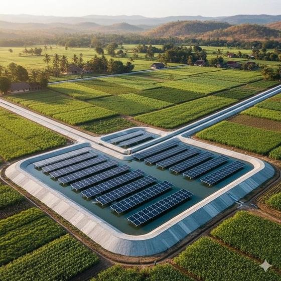 A floating solar array on a reservoir among farmland