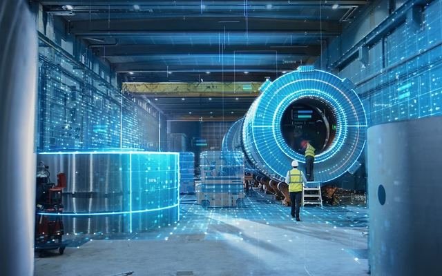 An industrial facility instrumented with live data overlays