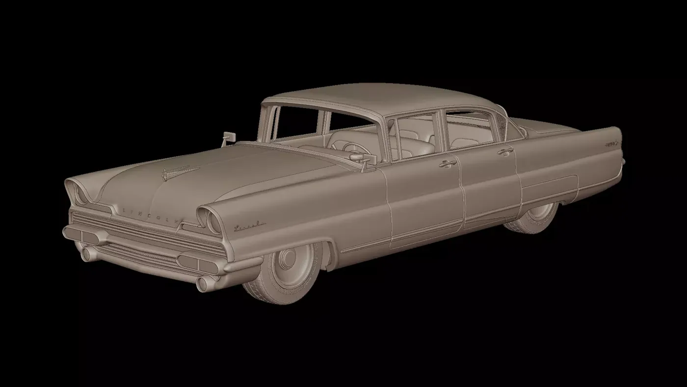 An untextured three dimensional model of a 1956 saloon car, seen from the front quarter