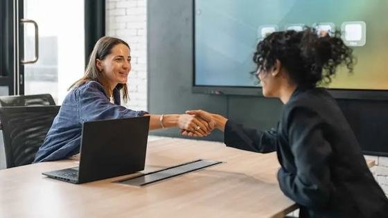 Two colleagues shaking hands across a meeting table